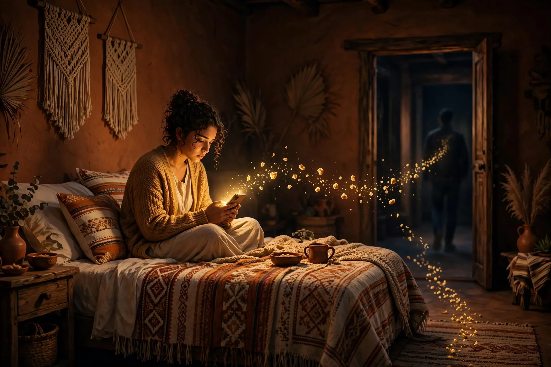 Woman looking at her phone at night while golden crumbs float toward a fading silhouette