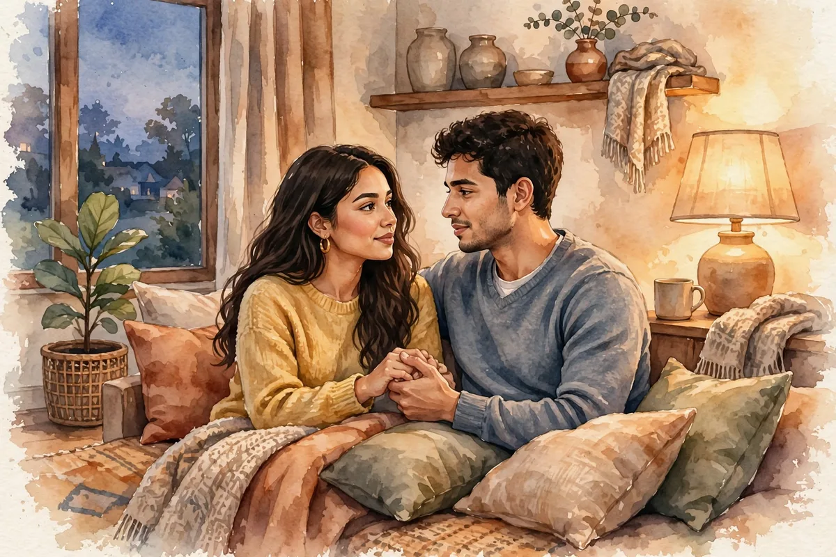 Ilustração de um jovem casal conversando com sinceridade no sofá ao entardecer