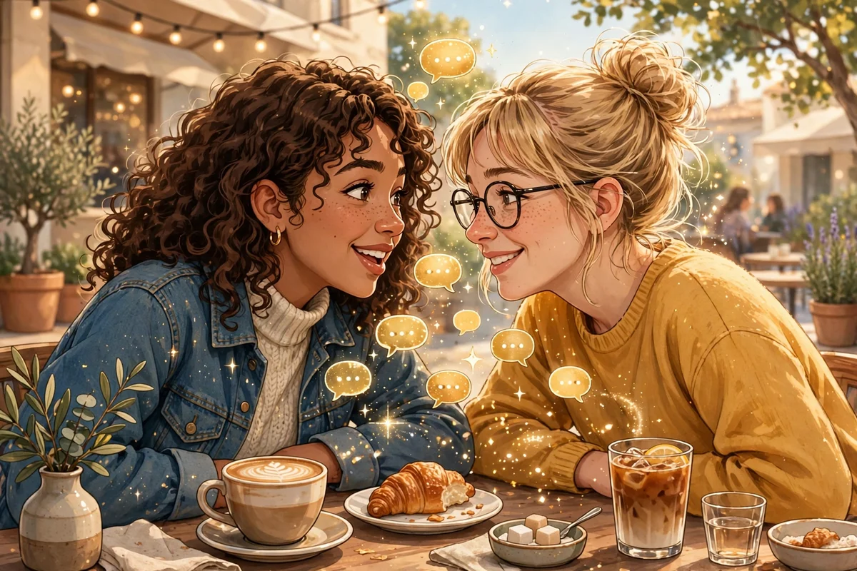 Dos amigas susurrando un chisme entre risas en un café soleado, con pequeñas burbujas doradas flotando entre ellas