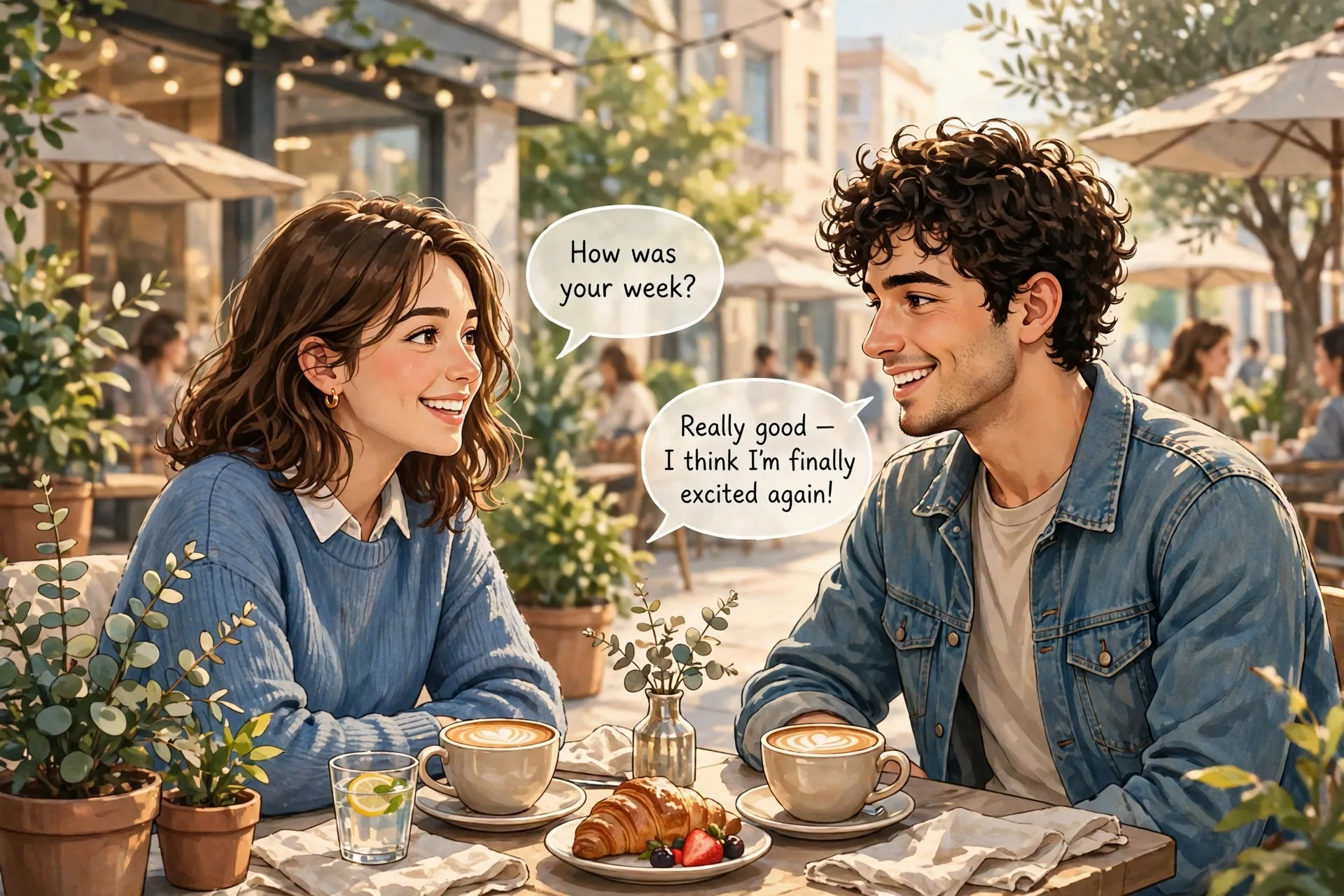 Pareja conversando con sinceridad en una cita en un café soleado