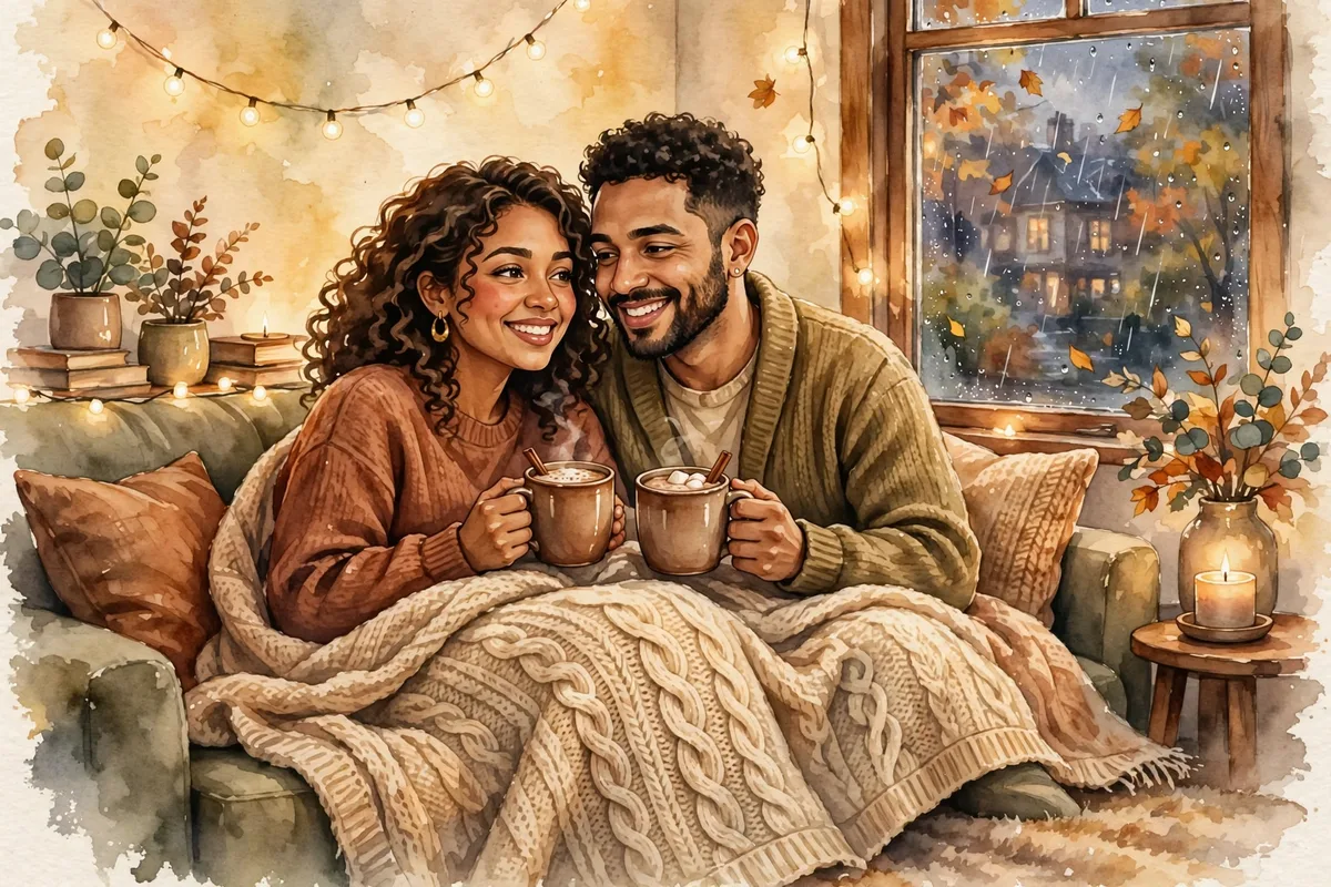 Illustration of a couple cuddled under a blanket with hot cocoa while autumn rain falls outside