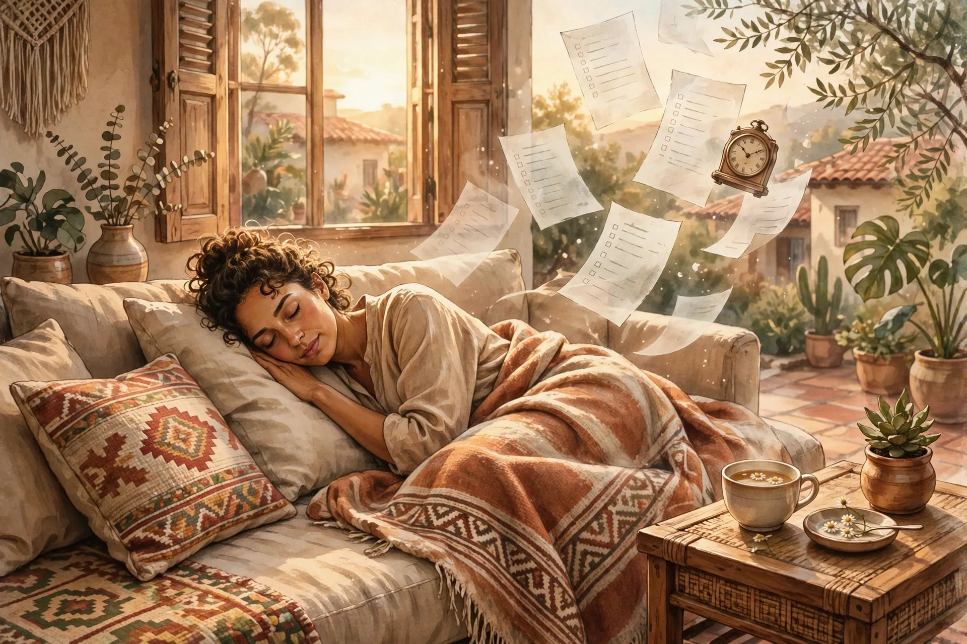 Woman resting on a sofa with a blanket while to-do lists float above her and drift away