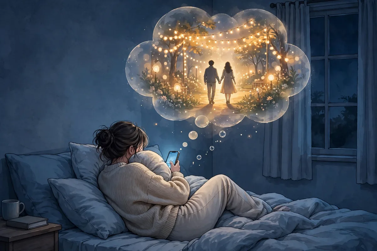 Illustration of a young woman hugging a pillow on her bed at night, gazing at her phone with a romantic thought bubble above her