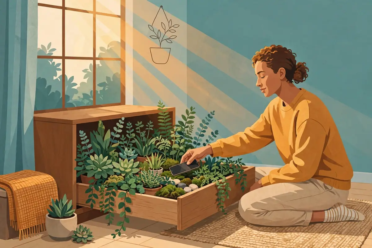 Ilustración de una persona guardando su celular en un cajón lleno de plantas, con luz de mañana entrando por la ventana