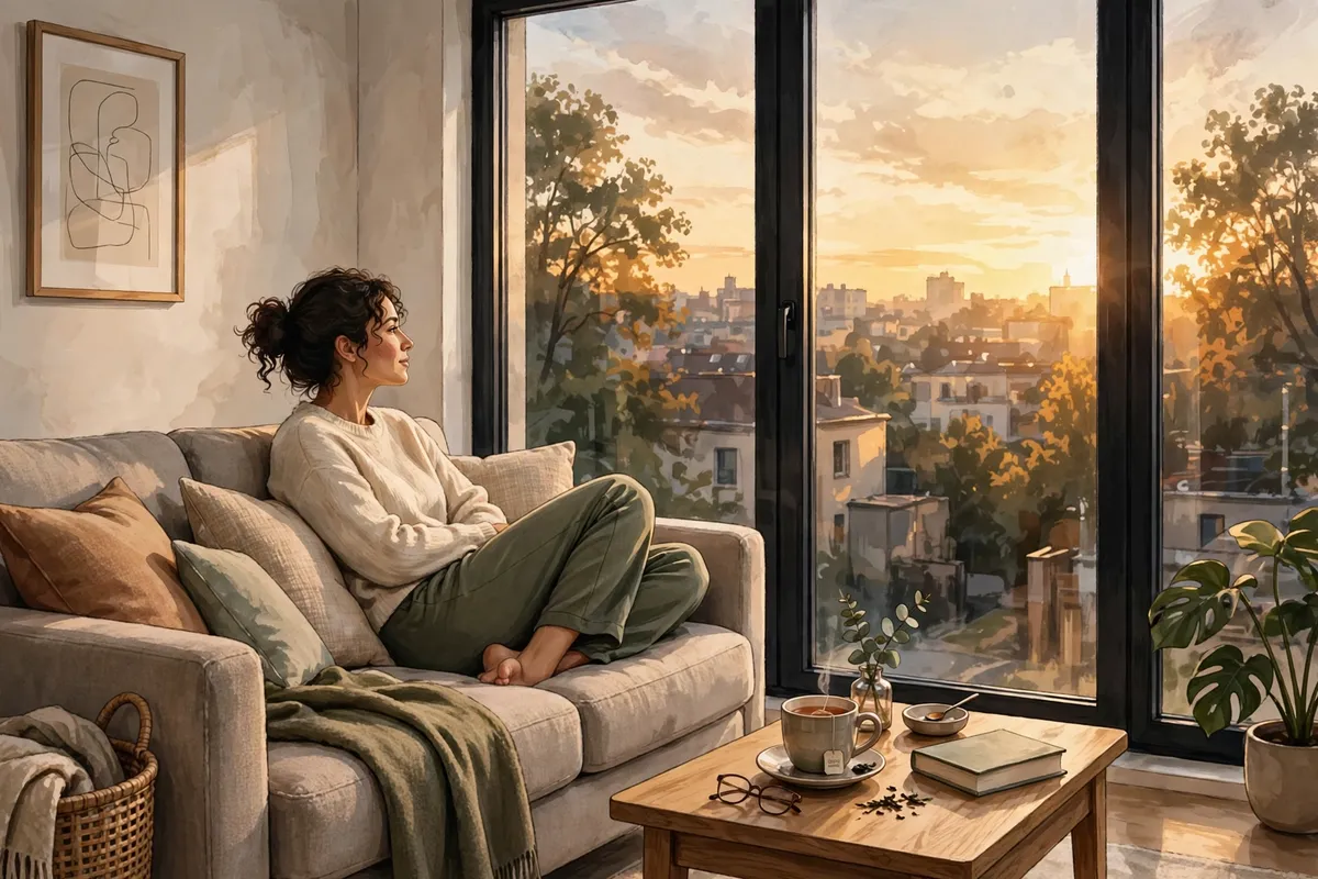 Illustration of a person on a couch on a Sunday evening looking out the window in warm light