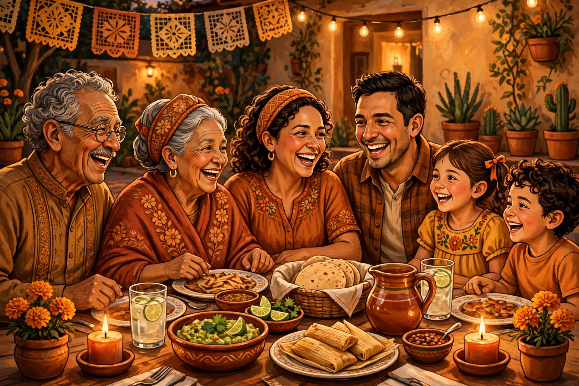 Familia latina multigeneracional reunida en la mesa frente a una persona viviendo sola en su apartamento