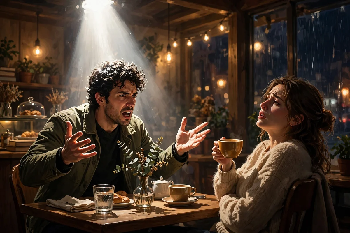 Una pareja en una primera cita en un café de noche, una persona hablando intensamente bajo un foco brillante mientras la otra escucha abrumada