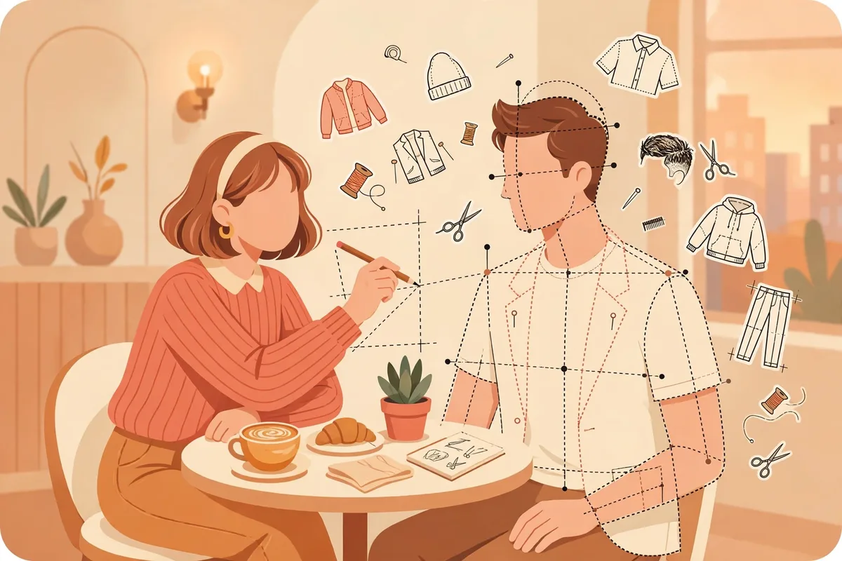 Ilustración de una persona rediseñando a su pareja como un maniquí con líneas punteadas