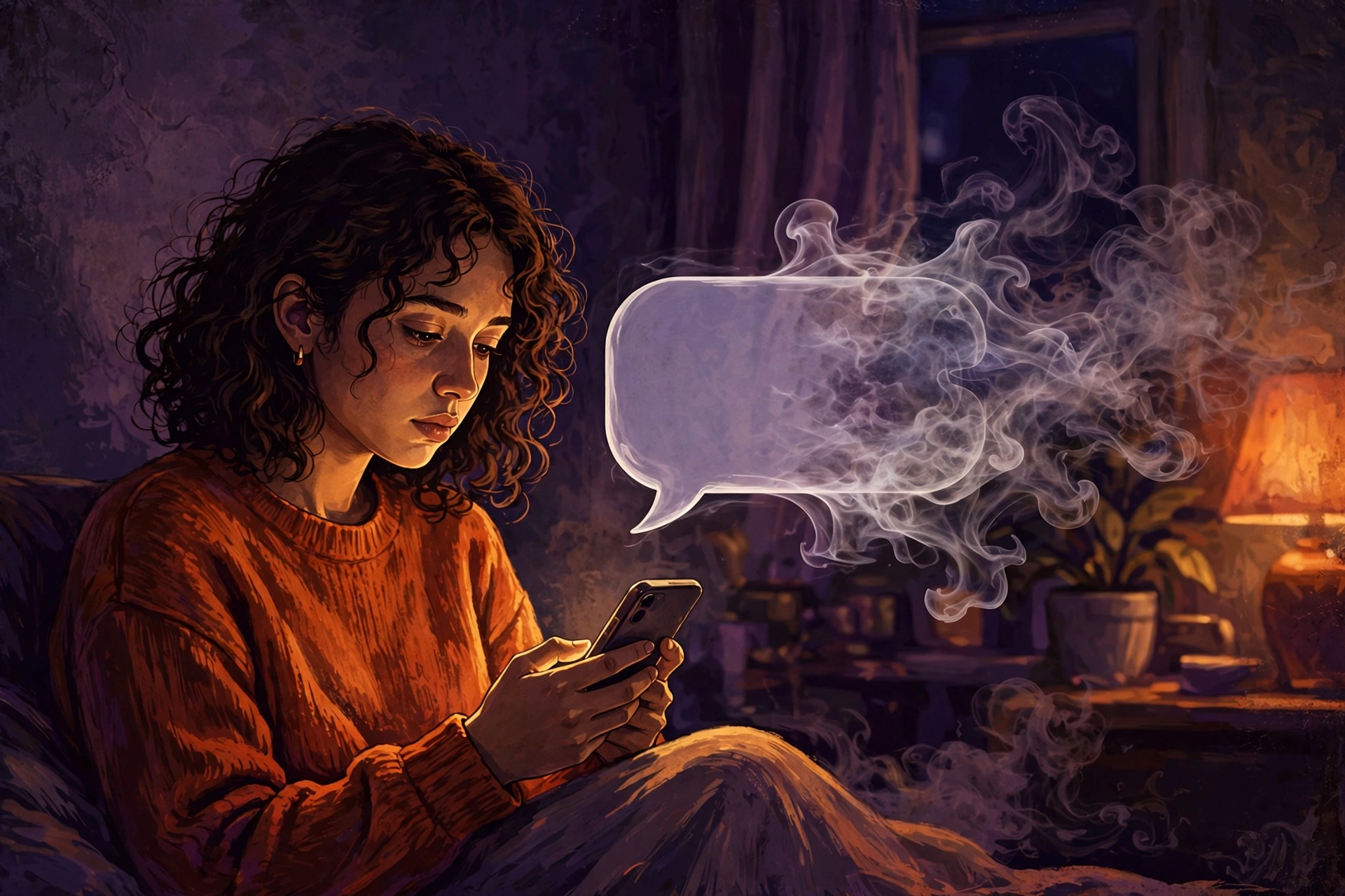 Mulher olhando o celular com expressão de dúvida, ilustração sobre ghostlighting