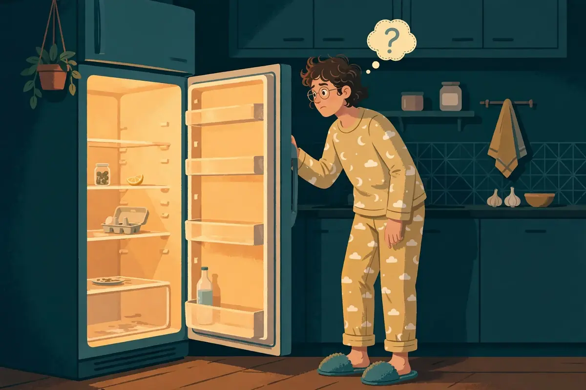 Ilustración de una persona en pijama abriendo una heladera casi vacía de noche, con un signo de interrogación sobre su cabeza