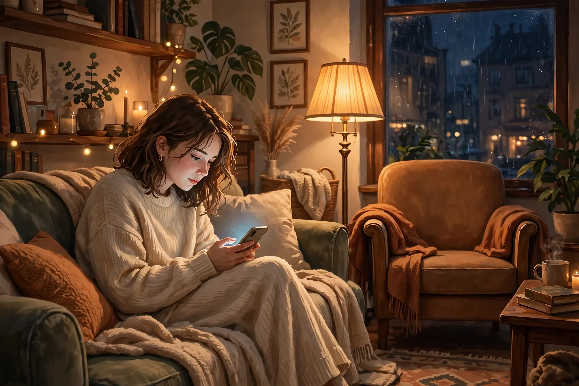 Young woman on her couch at night confiding her thoughts to the glow of her phone