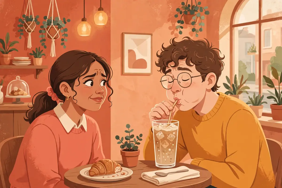 Ilustración de una joven con cara de repelús mirando a su cita, que sorbe ruidosamente su bebida en un café