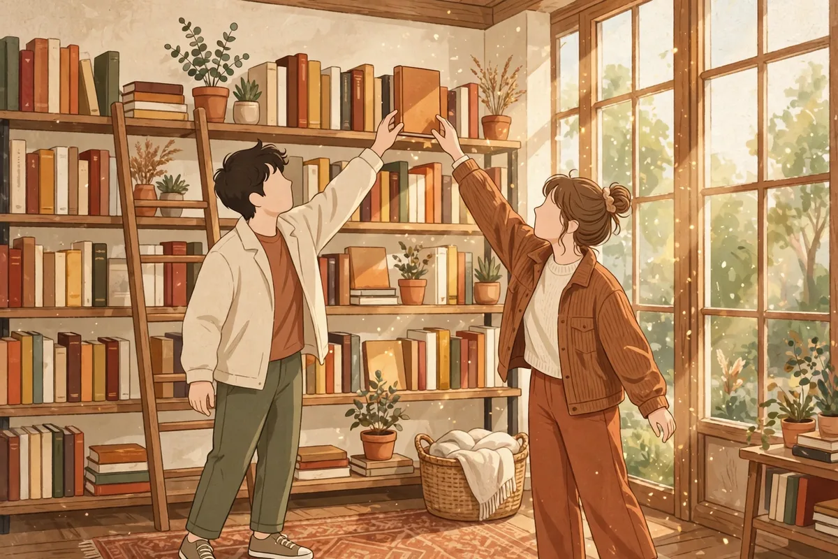 Illustration of a young man and woman reaching for the same book on a sunny bookstore shelf, hands almost touching