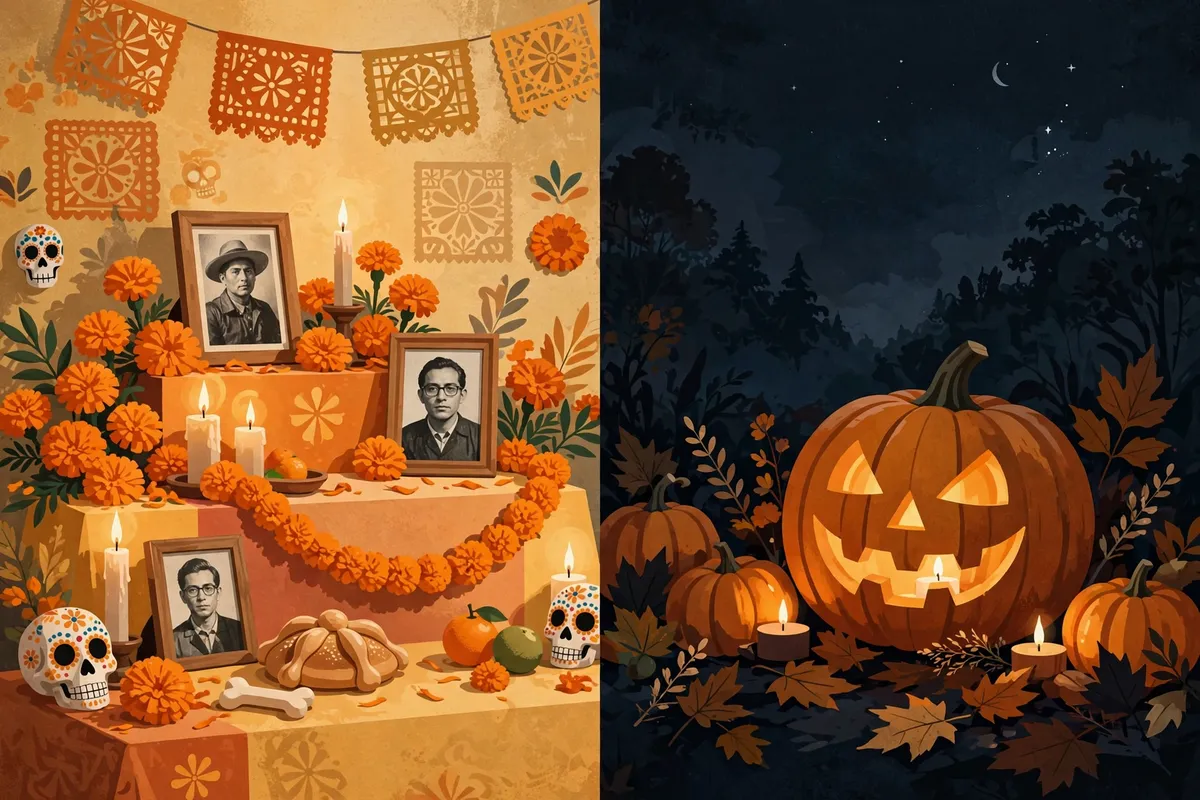 Ilustración de una ofrenda de Día de Muertos con cempasúchil junto a una calabaza de Halloween
