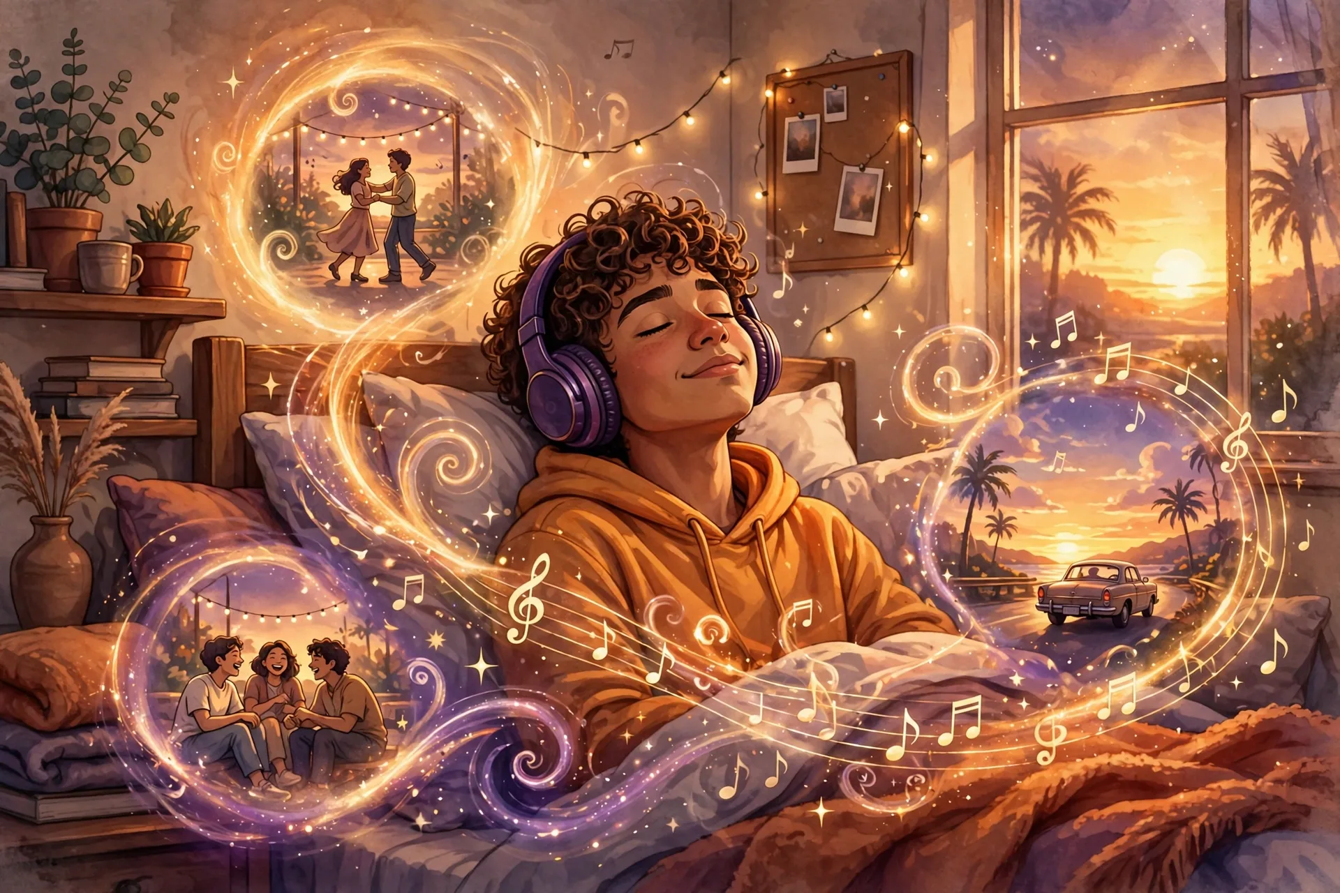 Illustration of a teenager with giant glowing headphones floating among golden sound waves and bright memories