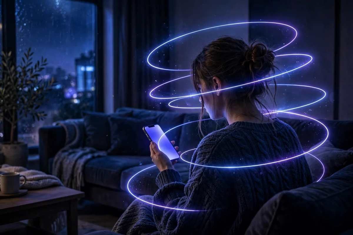Mujer de espaldas de noche mirando su teléfono, rodeada de anillos luminosos en órbita