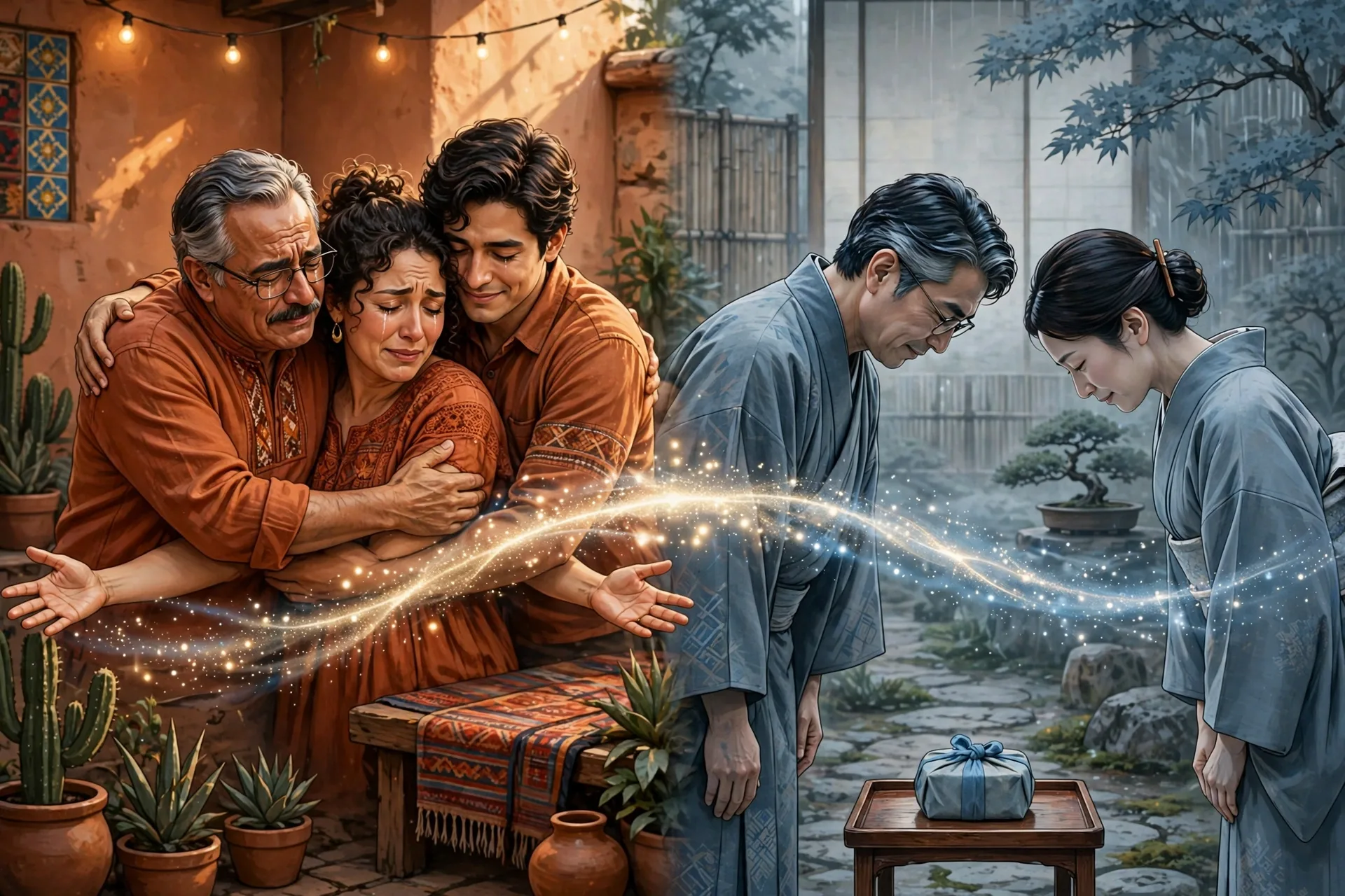 Split scene: warm Latino family embrace and respectful Japanese bow