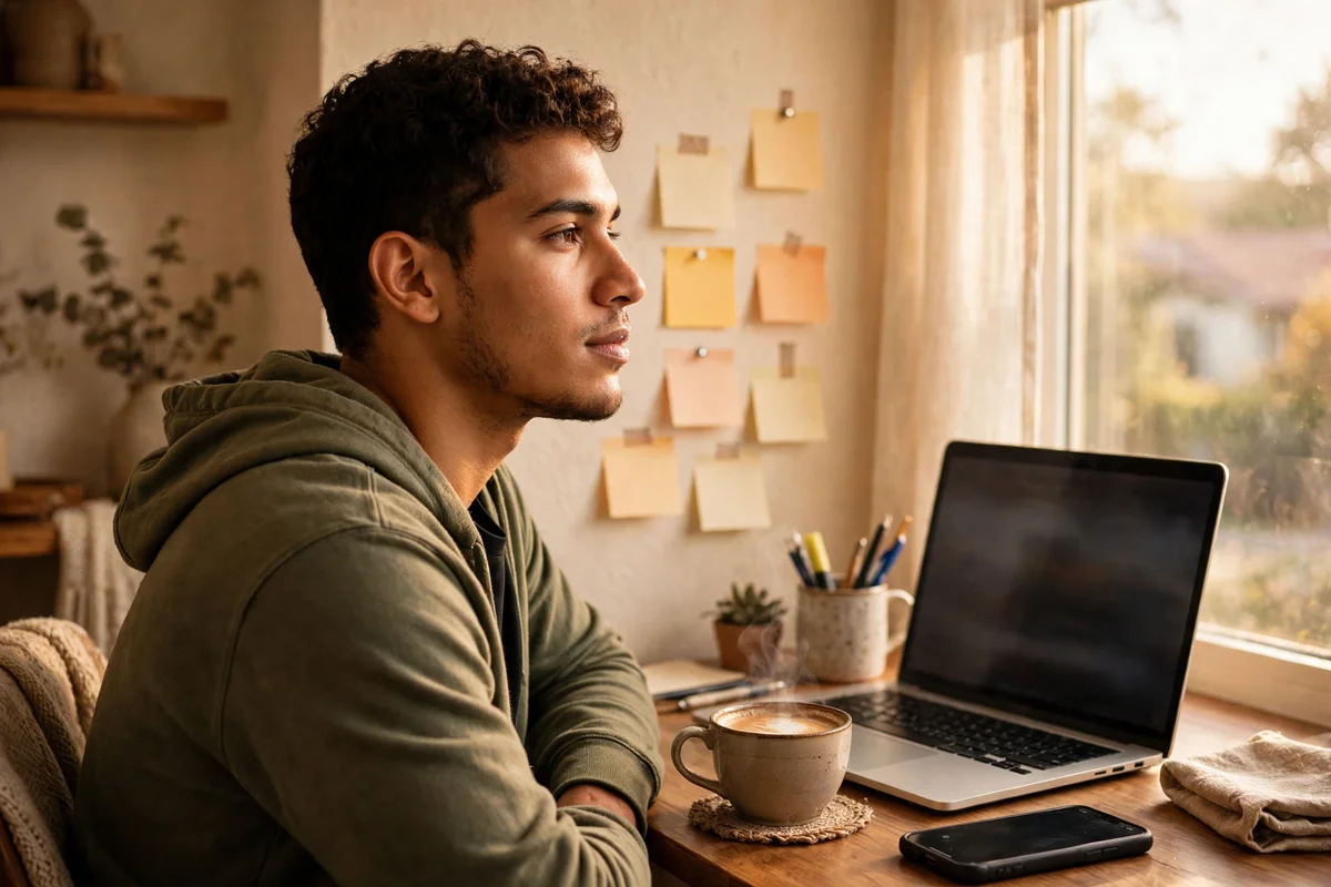 Joven mirando por la ventana junto a su laptop y su café, con notas adhesivas en la pared