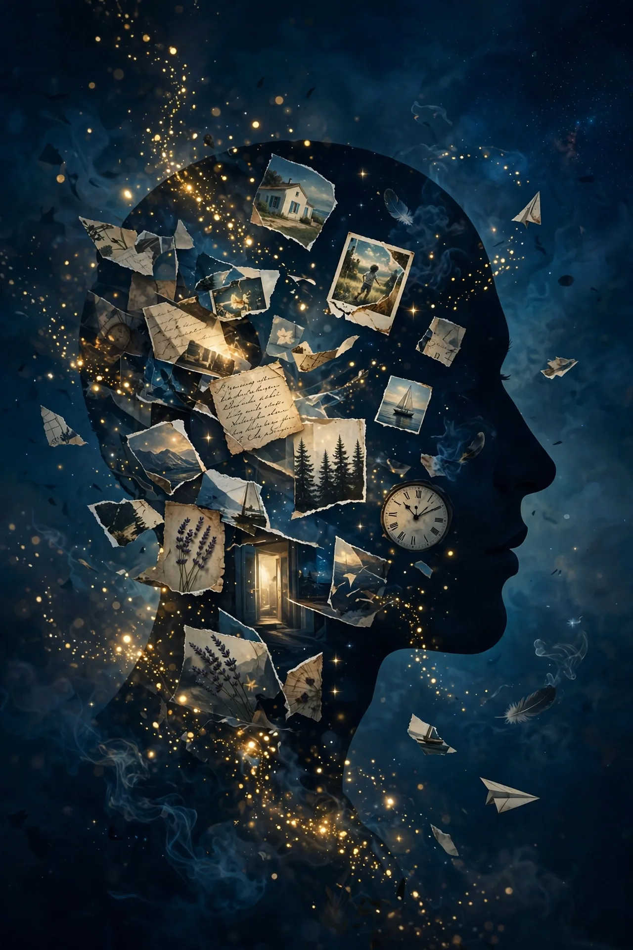 Silhouette of a head filled with floating photo fragments and memories
