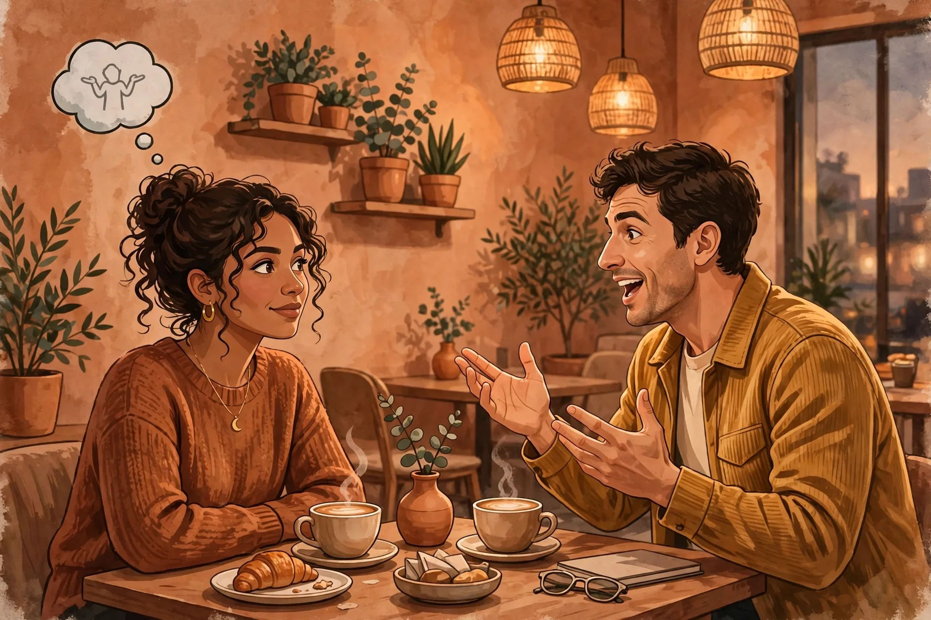 Ilustração de um casal num encontro em um café: uma pessoa olha o celular decepcionada enquanto a outra sorri iludida do outro lado da mesa