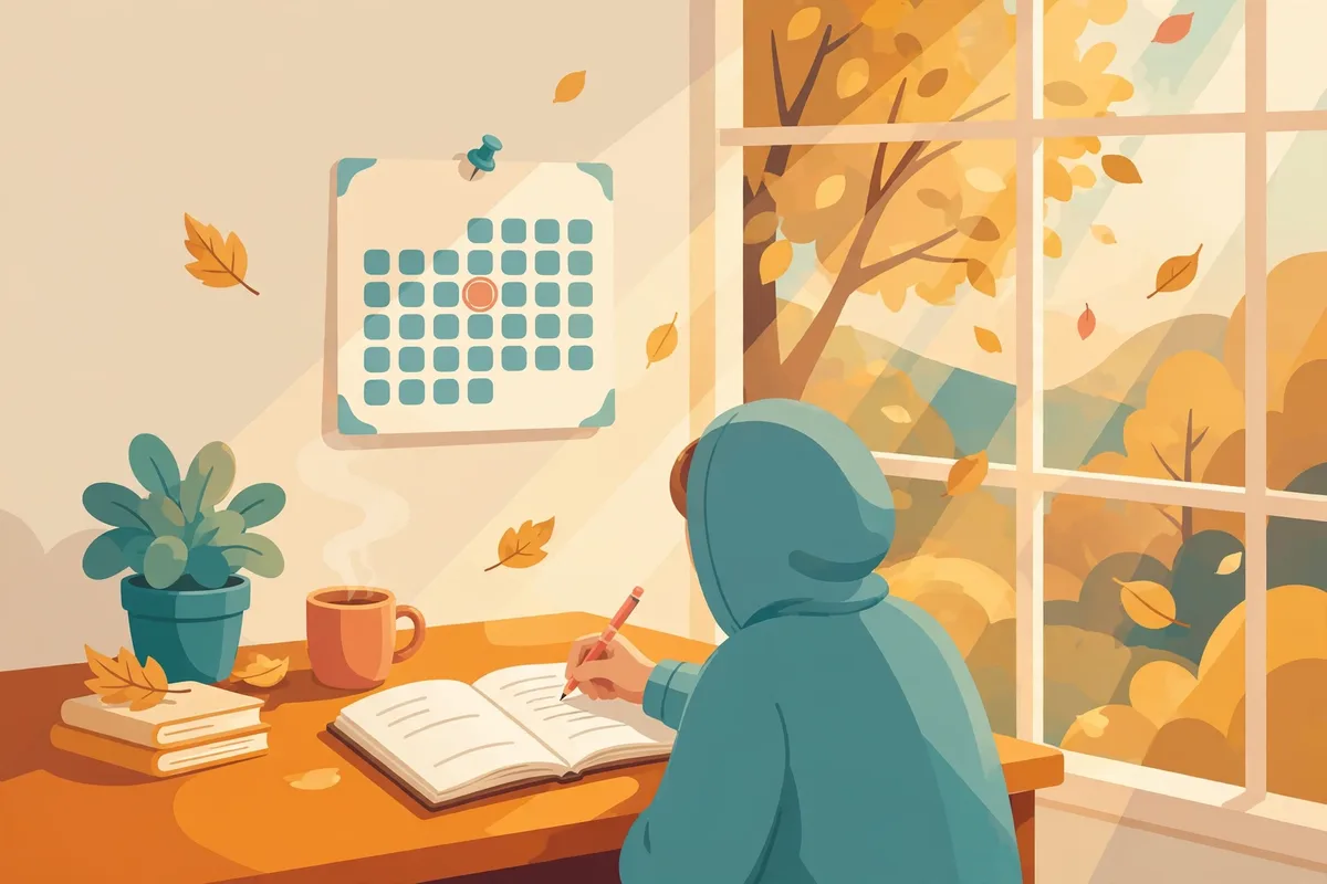 Illustration of a person writing goals in a notebook as autumn leaves fall