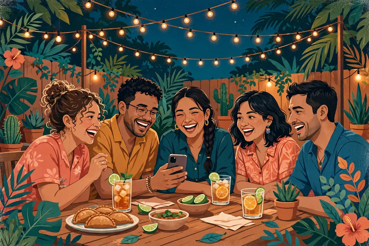 Ilustración de amigos latinos respondiendo un test en el teléfono en una fiesta de patio