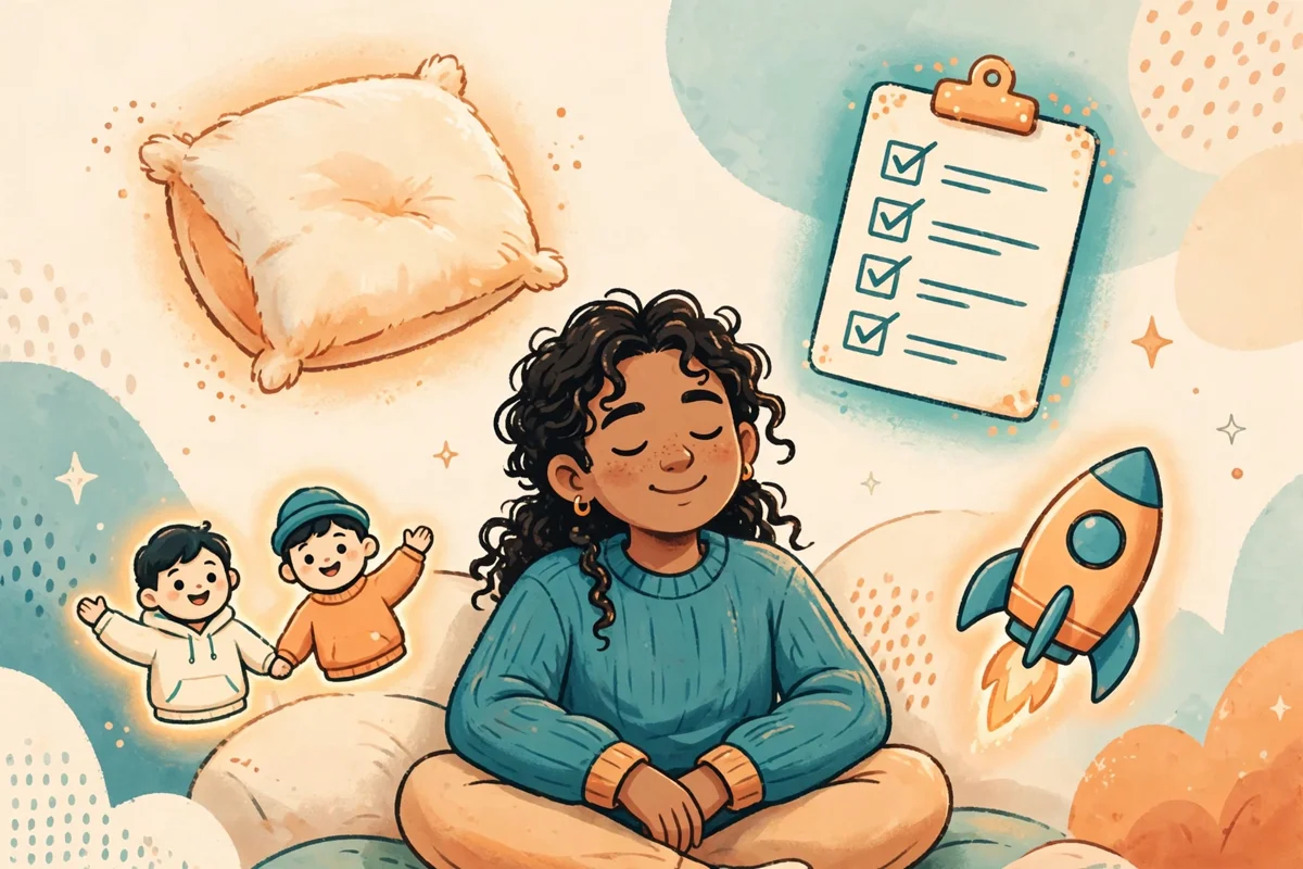 Ilustração de uma jovem sorridente cercada por um travesseiro, uma lista, um foguete e dois amigos