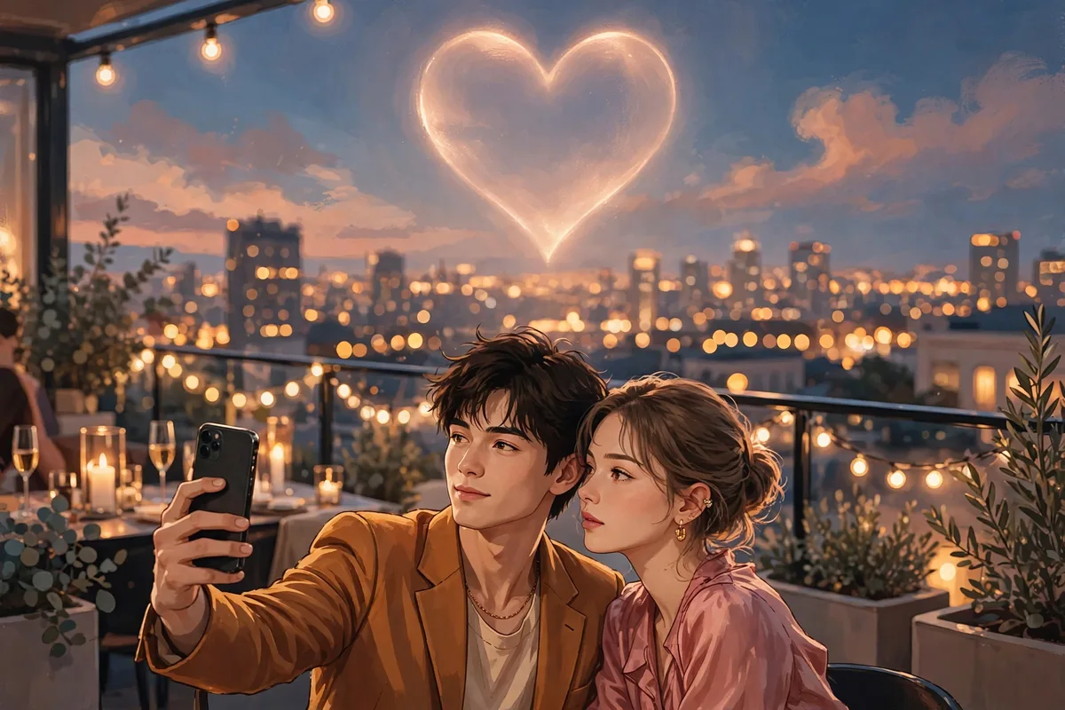 Ilustração de um casal tirando selfie em uma festa elegante em um terraço ao entardecer, com um coração de rede social flutuando no céu