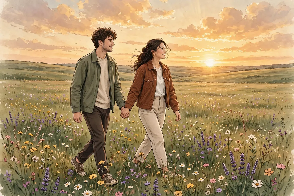 Ilustración de una pareja caminando entre flores silvestres en un campo al atardecer