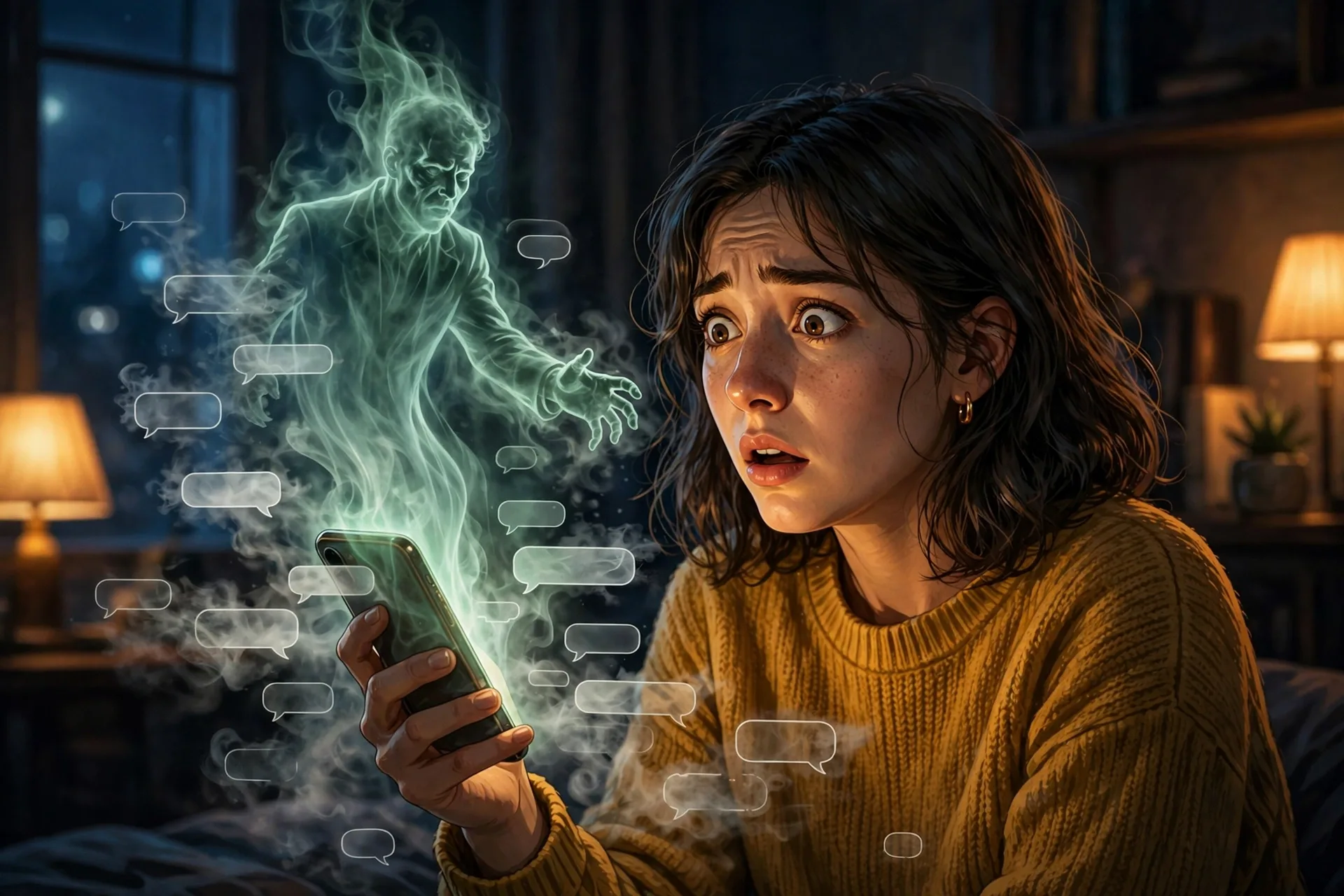 Surprised woman at night looking at her phone while a ghostly figure rises out of the screen